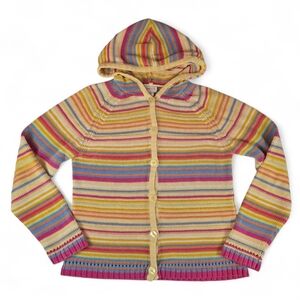 Vintage 90s Hooded Stripe Cardigan Ramie Cotton Boho Beachy Sweater Women M